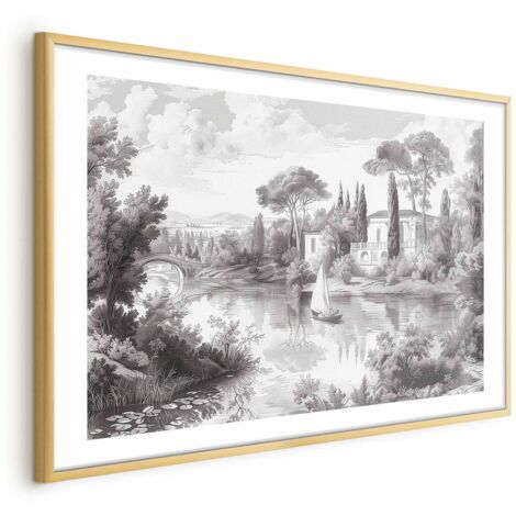Affiche - Paysage vintage en noir et blanc avec un étang (1/4)