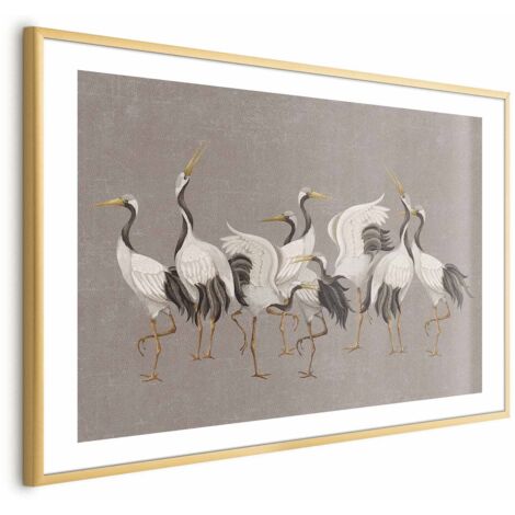 Affiche - La Danse des Grues - silhouettes lumineuses d'oiseaux sur un fond texturé gris chaud (1/4)