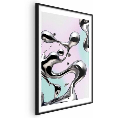Affiche - Fluidités métalliques - formes argentées abstraites sur fond violet menthe (1/4)