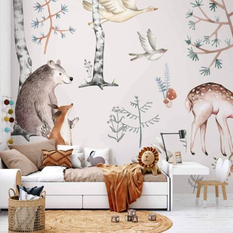 Papier peint photo - Forêt avec animaux peints à l'aquarelle (1/5)