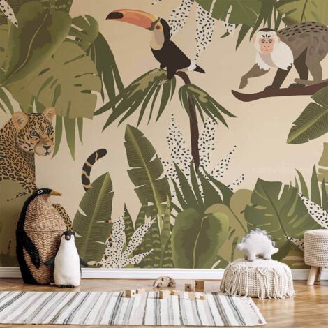 Papier peint - Feuilles et formes - jungle aux couleurs fanées avec des animaux (1/5)