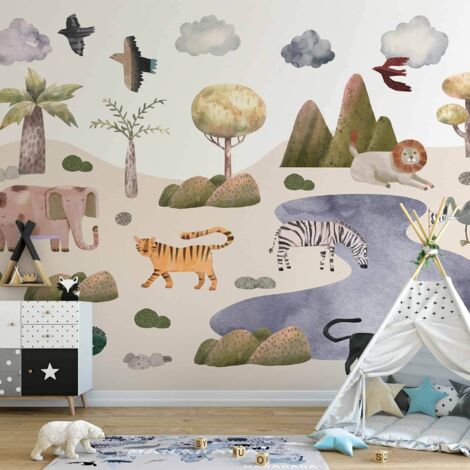 Papier peint photo - Afrique pour les tout-petits - animaux de la savane aux couleurs pastel (1/5)