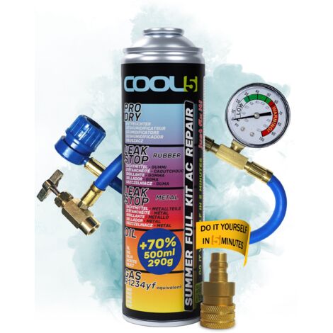 COOL5 5 en 1 - Kit de réparation de climatisation, recharge de réfrigérant R1234yf pour climatisation de véhicules après 2016 + Tuyau de pression avec manomètre + Adaptateur + APC 500 ml