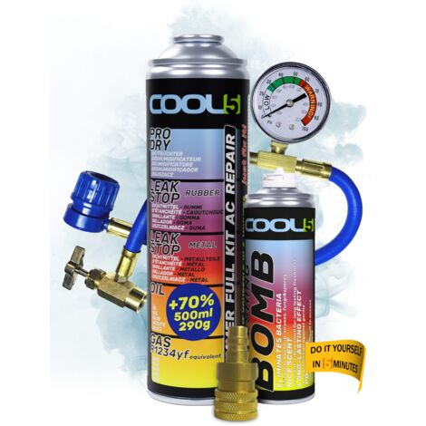 COOL5 5 en 1 - Kit de réparation de climatisation, remplacement du réfrigérant R1234yf pour la recharge de climatisation des voitures après 2016 + Tuyau de pression avec manomètre + Bombe rafraîchissa