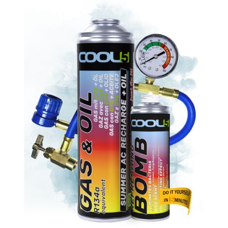 COOL5 2 en 1 - Remplacement du réfrigérant R134a avec huile, pour recharger la climatisation des voitures de 1995 à 2016 + Tuyau de pression avec manomètre + Bombe rafraîchissante + Nettoyant multi-us (1/5)