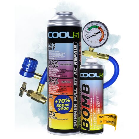 COOL5 5 en 1 - Kit de réparation de climatisation, recharge de réfrigérant R134a pour climatisation de voitures (1995-2016) + Tuyau de pression avec manomètre + Bombe rafraîchissante + Nettoyant multi