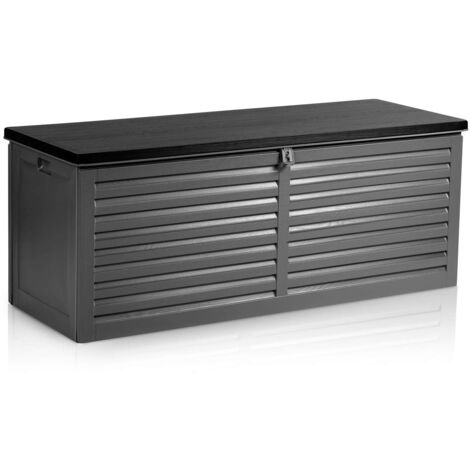 Coffre de jardin noir 143x57x53,5 cm – 390 litres – Structure renforcée en plastique résistant aux intempéries – Poignées de transport