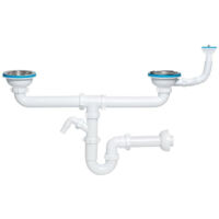 Siphon évier double 115 mm – Entrée lave-vaisselle – Trop-plein rond ou rectangulaire – PVC durable pour installations professionnelles – Aniplast