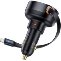 Chargeur de voiture avec câble rétractable pour iPhone Lightning USB-C 60W noir