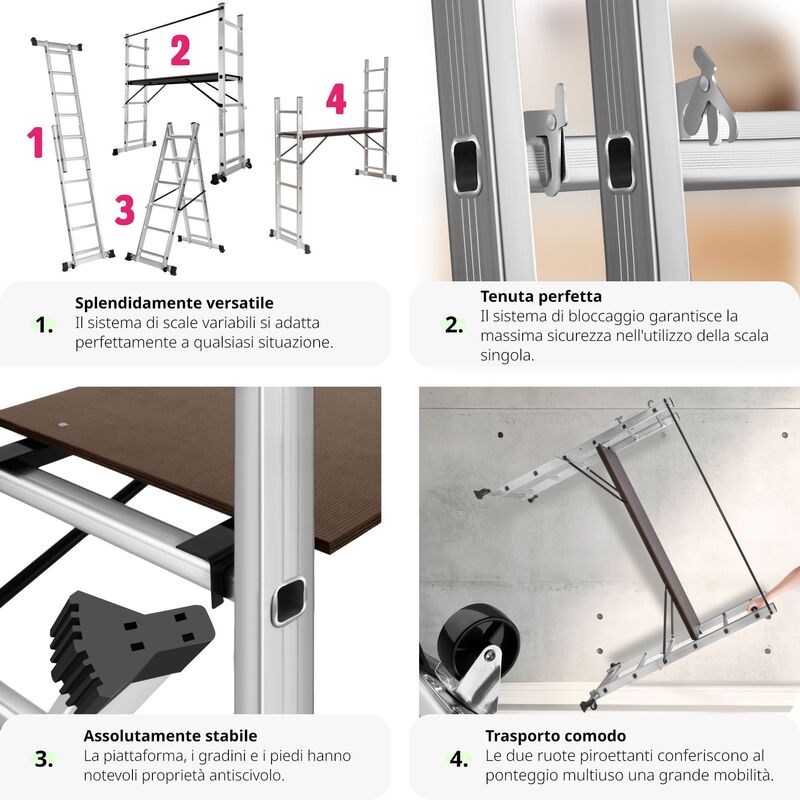 TecTake Scala multifunzione in alluminio con piattaforma da lavoro ponteggio con ruote n 