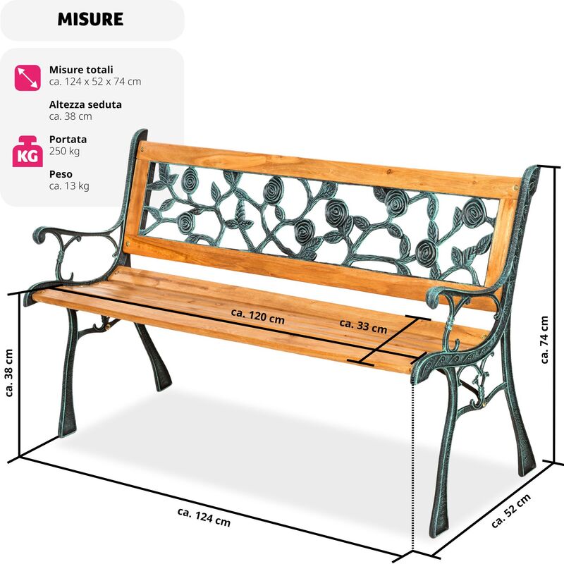 Panchina da giardino Kathi, in legno e ghisa 2 posti 124 x 60 x 83