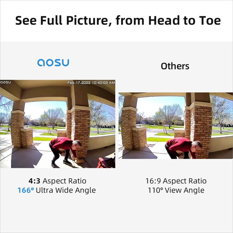 Sonnette Vidéo Sans Fil AOSU V8E 2K QHD SE - Angle 170° Vue Intégrale - Étanche - Noire