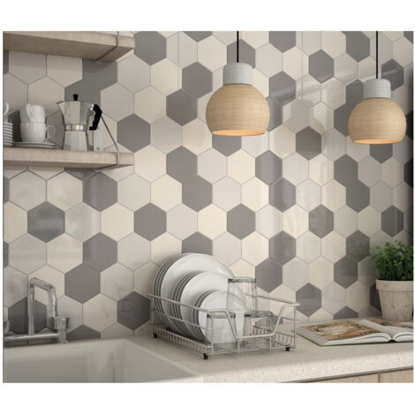 Carrelage mural faïence Scale Hexagon (10 couleurs). hexagone 12.4x10.7cm Hexagone 12.4x10.7cm Greige (gris/beige) - Brillant - boîte de 0.50  cfc8c