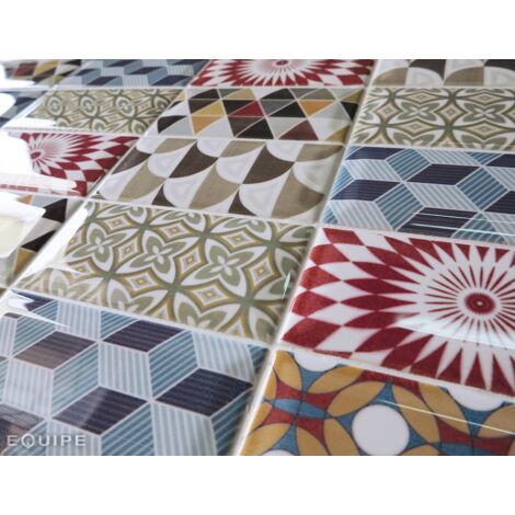 Carrelage mural faïence effet graphique multicolore 15x7,5 cm – Brillant poli – Pour murs intérieurs – Boîte de 0,50 m² – Equipe
