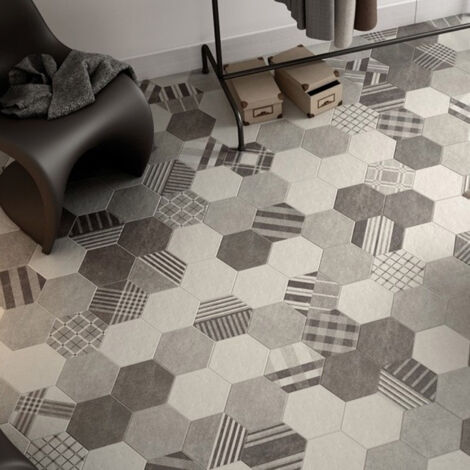 Carrelage effet ciment HEXATILE CEMENT hexagone 20x17.5cm Hexagone 20x17.5cm decor Geo Gris - Mat - boîte de 0.71 m2 Hexagone 20x17.5 cm decor Geo Gr