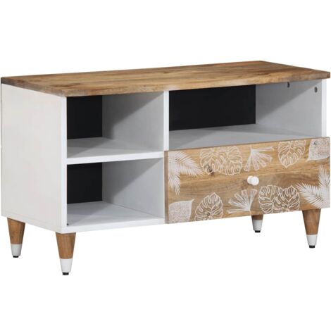 Mobile TV In Legno Massello Di Mango 105x33x46 Cm | Base Per TV Con Ripiani, Stile Naturale, Gambe In Ferro, Assemblaggio Richiesto