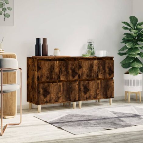VidaXL Set Di 2 Credenze In Legno Multistrato Rovere Fumé, Con Ante E Gambe In Metallo, 40x35x70 Cm - Design Moderno