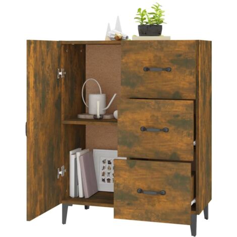 VidaXL Credenza In Legno Multistrato Rovere Fumo - 3 Scomparti E Anta In Vetro - 34,5x34x90 Cm - 4