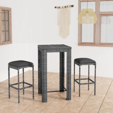 Set Bar 3 Pezzi In Polyrattan Nero, Tavolo + 2 Sgabelli, Per Giardino E Terrazzo, Con Cuscini