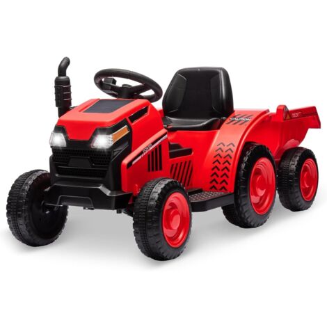 Elektrischer Kindertraktor mit abnehmbarem Anhänger, 6-V-Elektroauto mit Hupe, USB, LED-Lichtern und Musik, für Kinder ab 3 Jahren, Rot