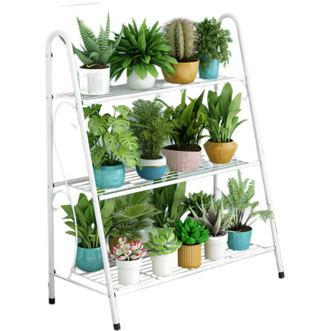 Pflanzenständer und Pflanzenregal, 3-stöckiger Pflanzenständer aus Metall – 63 x 31 x 69 cm – mehrstöckiges Pflanzenregal – für Eckschlafzimmer, Wohnzimmer, Balkon, Terrasse, Hof, weiß