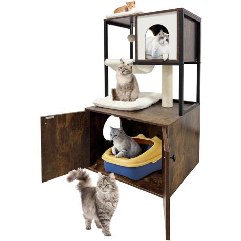 Katzentoilette Versteckt Als Möbelstück – Mit Kratzbaum, Höhle Und Spielzeug, Holz-Design In Rustikalem Braun