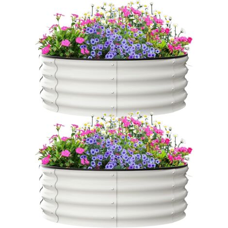 2-teiliges verzinktes Hochbeet-Set, 30 cm hoch, Aluzink Metall, 90cm, runde Pflanzkästen für Gemüse, Blumen und Kräuter, für den Außenbereich, 90x90x30cm,Weiß