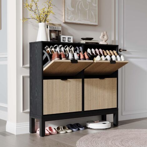 Schuhschrank Aus Rattan Mit 4 Klappen & 8 Fächern - 100x24x88 Cm, Schmal | Für Diele & Eingangsbereich