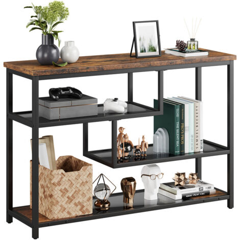 Konsolentisch 4 Ebenen, Beistelltisch mit Offnen Fächern Eingangstisch Schmal mit Glasablagen und Metallrahmen Industrial Flurtisch für Wohnzimmer, Foyer, Schlafzimmer, 100 x 30 x 75 cm Rustikal Braun