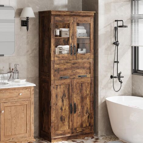 Badezimmerschrank, hoher Aufbewahrungsschrank mit Türen und verstellbarer Ablage, freistehender Bodenschrank für Küche, Wohnzimmer, Waschküche, Heimbüro, Retro