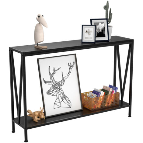 Konsolentisch Holz  Holz Konsolentisch Schmal, 110x25x76cm Konsolentisch mit Stauraum, Holz und Metall Couchtisch mit Regal - 2 Ebenen, Beistelltisch für den Eingangsbereich, Wohnzimme,Schwarz