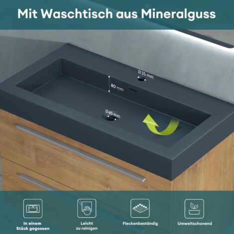 Mai & Mai Badmöbel-set Waschbeckenunterschrank 90 cm, Waschtisch mit Unterschrank in Kerneiche, inkl. Waschschbecken aus Mineralguss Quadratto