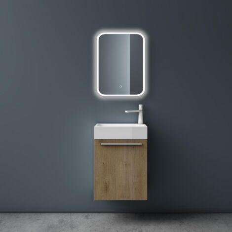 Mai & Mai Badmöbelset Pisa Kleiner Waschbeckenunterschrank 46 cm, Unterschrank in Kerneiche, mit Waschschbecken aus Mineralguss für Gäste-WC