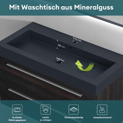Mai & Mai Badmöbel-set Waschbeckenunterschrank 73 cm, Waschtisch mit Unterschrank in Dunkelgrau, inkl. Waschschbecken aus Mineralguss Quadratto