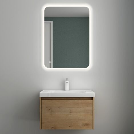 Mai & Mai Badmöbelset Badezimmermöbel Kerneiche Waschbeckenunterschrank 60 cm mit Waschschbecken aus Mineralguss und LED-Badspiegel und LED-Badspiegel Salerno