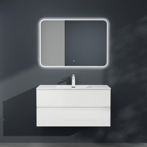 Mai & Mai Badmöbel-Set Waschbeckenunterschrank 80x48x50cm in Weiß Matt 2-Schubladen mit Soft-Close inkl. Mineralguss Waschbecken/LED-Badspiegel Aqualis