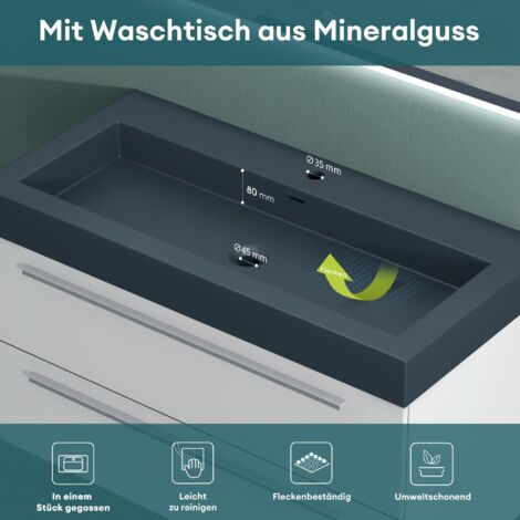 Mai & Mai Badmöbel-set Waschbeckenunterschrank 100 cm, Waschtisch mit Unterschrank in matt weiß, inkl. Waschschbecken aus Mineralguss und LED-Badspiegel Quadratto