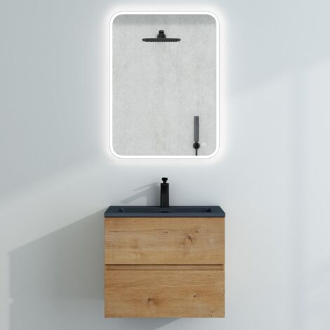 Mai & Mai Badmöbel-Set Waschtisch mit Unterschrank Mineralguss Waschbecken in Anthrazit Waschbeckenunterschrank 60x48x50cm Kerneiche 2-Schubladen Soft-Close inkl. LED-Spiegel Aqualis