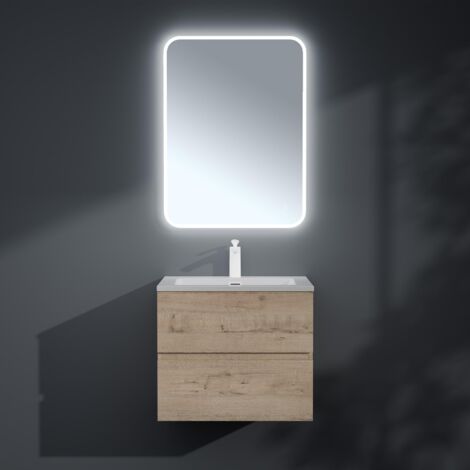 Mai & Mai Badmöbel-Set Waschbeckenunterschrank 60x48x50cm in Eiche Greige 2-Schubladen mit Soft-Close inkl. Mineralguss Waschbecken/LED-Badspiegel Aqualis