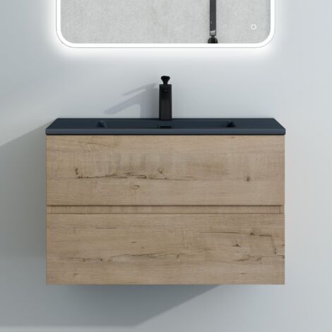 Mai & Mai Badmöbel-Set Waschtisch mit Unterschrank Mineralguss Waschbecken in Anthrazit Waschbeckenunterschrank 80x48x50cm Eiche Greige 2-Schubladen Soft-Close Aqualis
