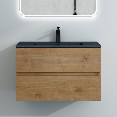 Mai & Mai Badmöbel-Set Waschtisch mit Unterschrank Mineralguss Waschbecken in Anthrazit Waschbeckenunterschrank 80x48x50cm Kerneiche 2-Schubladen Soft-Close Aqualis