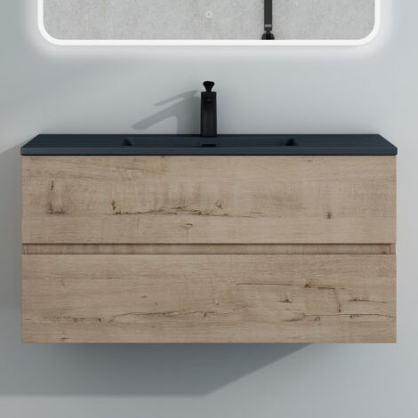 Mai & Mai Badmöbel-Set Waschtisch mit Unterschrank Mineralguss Waschbecken in Anthrazit Waschbeckenunterschrank 100x48x50cm Eiche Greige 2-Schubladen Soft-Close Aqualis