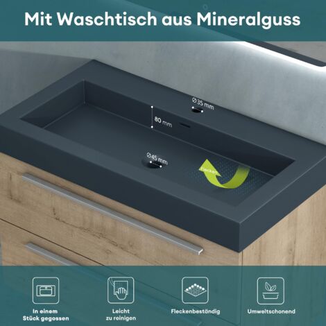 Mai & Mai Badmöbel-set Waschbeckenunterschrank 73 cm, Waschtisch mit Unterschrank in Eiche Greige, inkl. Waschschbecken aus Mineralguss und LED-Badspiegel Quadratto