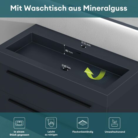 Mai & Mai Badmöbel-set Waschbeckenunterschrank 100 cm, Waschtisch mit Unterschrank in matt Anthrazit, inkl. Waschschbecken aus Mineralguss und LED-Badspiegel Quadratto
