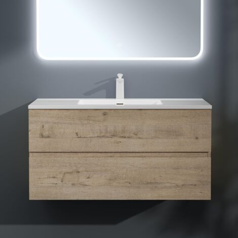 Mai & Mai Badmöbel-Set Waschbeckenunterschrank 100x48x56cm in Eiche Greige 2-Schubladen mit Soft-Close inkl. Mineralguss Waschbecken Aqualis