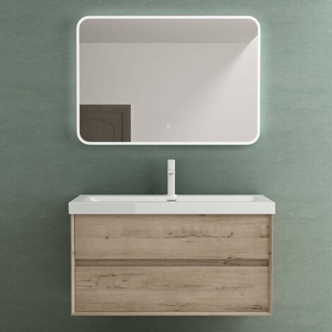Mai & Mai Badmöbelset Badezimmermöbel Waschbeckenunterschrank 2 Schubladen mit Soft-Close inkl. Waschbecken aus Mineralguss und LED-Badspiegel Eiche Greige 100 cm Rimo