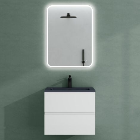 Mai & Mai Badmöbel-Set Waschtisch mit Unterschrank Mineralguss Waschbecken in Anthrazit Waschbeckenunterschrank 60x48x50cm Weiß Matt 2-Schubladen Soft-Close inkl. LED-Spiegel Aqualis