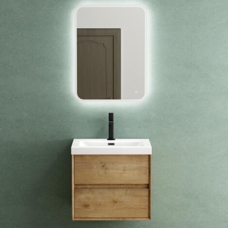 Mai & Mai Badmöbelset Badezimmermöbel Waschbeckenunterschrank 2 Schubladen mit Soft-Close inkl. Waschbecken aus Mineralguss und LED-Badspiegel Kerneiche 60 cm Rimo