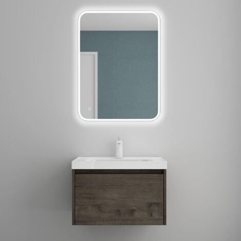 Mai & Mai Badmöbelset Badezimmermöbel Grau-braun Waschbeckenunterschrank 60 cm mit Waschschbecken aus Mineralguss und LED-Badspiegel Salerno