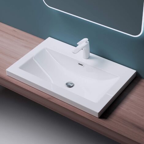 Mai & Mai Waschbecken Einbauwaschbecken Waschschale Waschtisch Mineralguss Weiß Rechteckig 1 Armaturenloch Überlauf-Funktion Breite: 76,5cm Col01